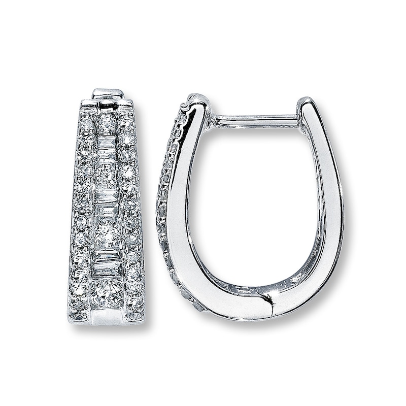 Main Image 1 of Diamond Hoop Earrings 1/2 ct tw Round/Baguette 14K White Gold