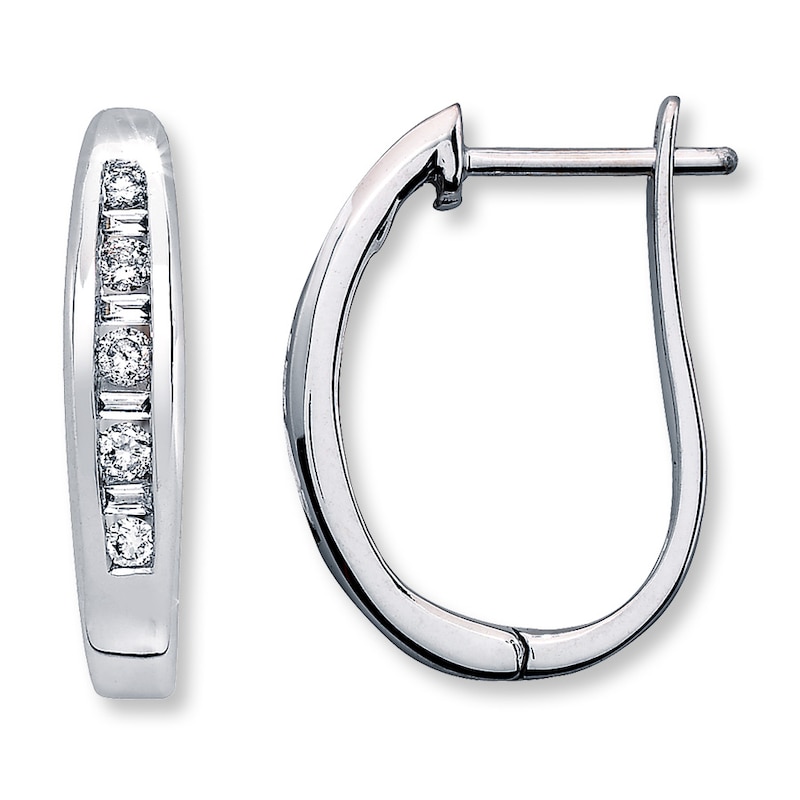 Diamond Hoop Earrings 1/4 ct tw Round/Baguette-Cut 10K White Gold