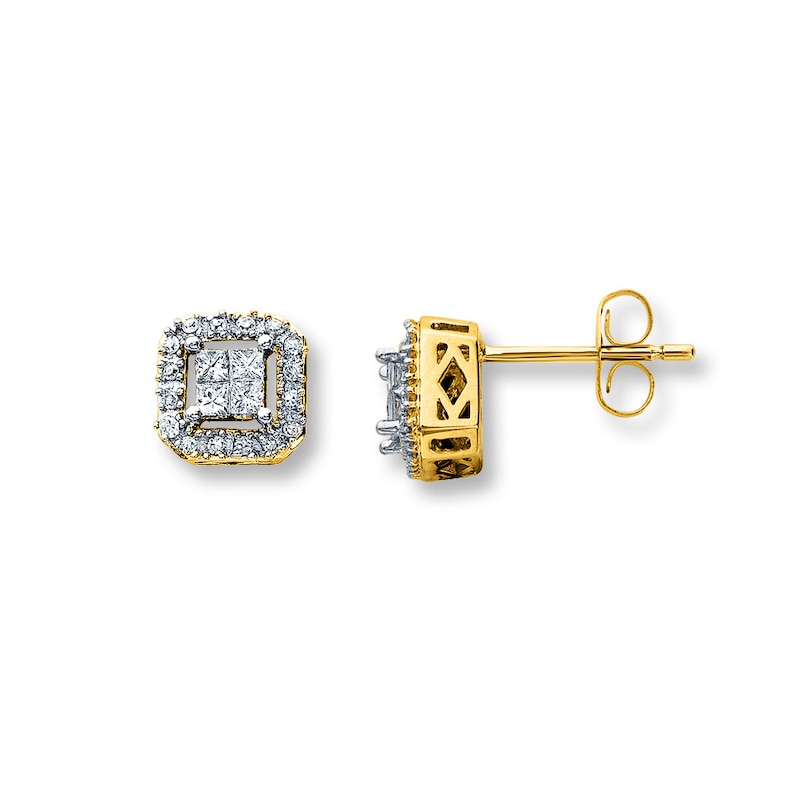 Main Image 1 of Diamond Earrings 1/4 ct tw Princess/Round 10K Yellow Gold