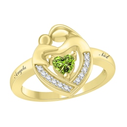 Mother & Child Heart-Shaped Birthstone Ring (1 Stone and 2 Lines)