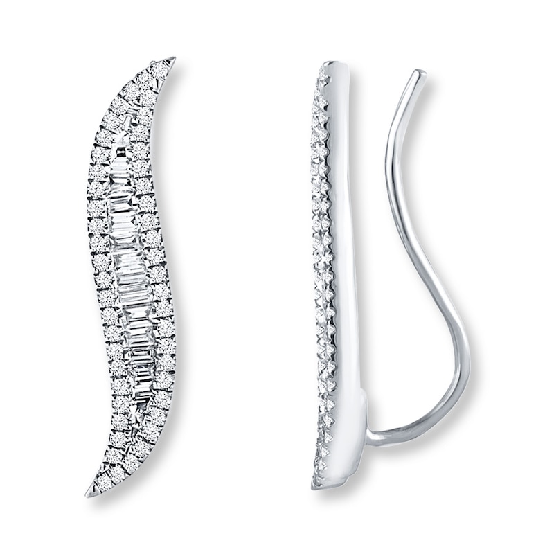 Diamond Earring Climbers 3/4 ct tw Round/Baguette 14K White Gold