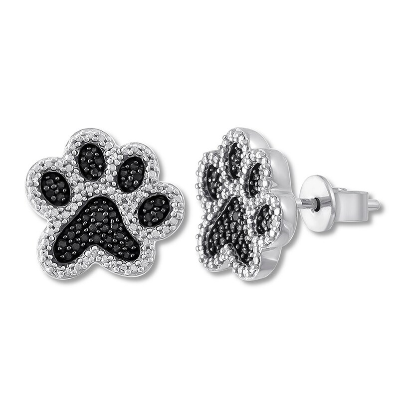 Black Diamond Paw Print Earrings 1/10 ct tw Sterling Silver