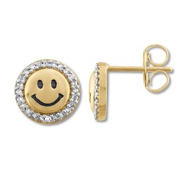 Diamond Happy Face Emoji Earrings 1/8 ct tw 10K Yellow Gold
