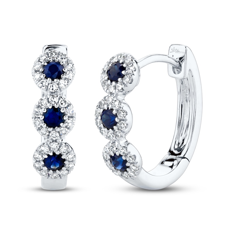 Shy Creation Sapphire Hoop Earrings 1/8 ct tw Diamonds 14K White Gold SC55002530