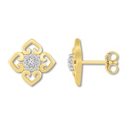 Diamond Flower Earrings 1/10 carat tw Round 10K Yellow Gold