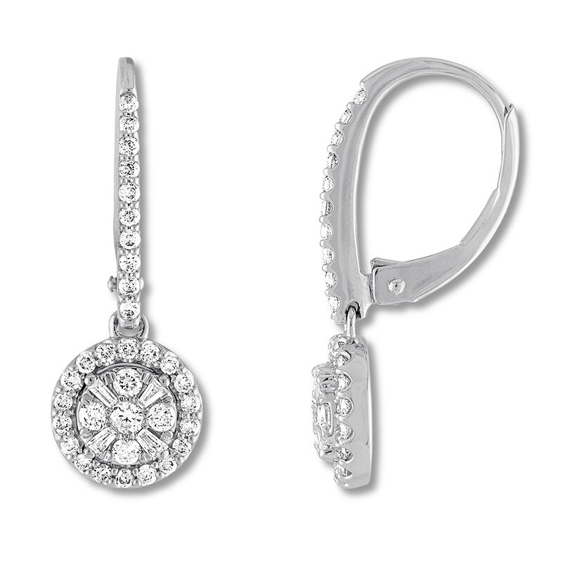Round/Baguette Diamond Stud Earrings 1/2 ct tw 10K White Gold