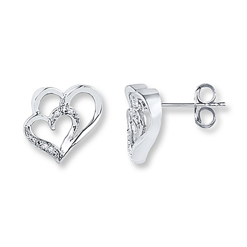 Main Image 1 of Double Heart Earrings Diamond Accents 10K White Gold