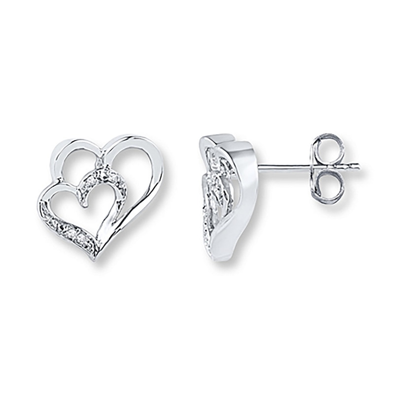 Double Heart Earrings Diamond Accents 10K White Gold