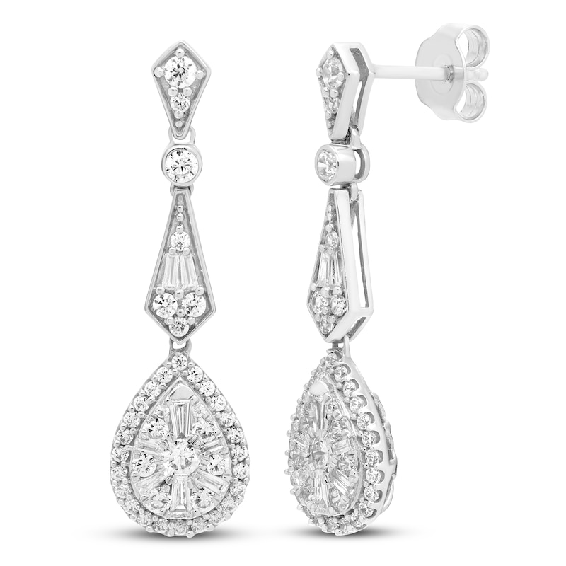 Main Image 1 of Diamond Drop Earrings 1 ct tw Round/Baguette 14K White Gold