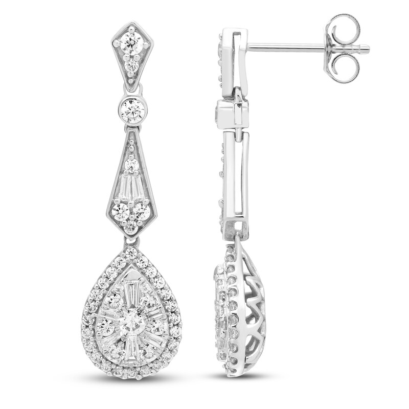 Main Image 2 of Diamond Drop Earrings 1 ct tw Round/Baguette 14K White Gold