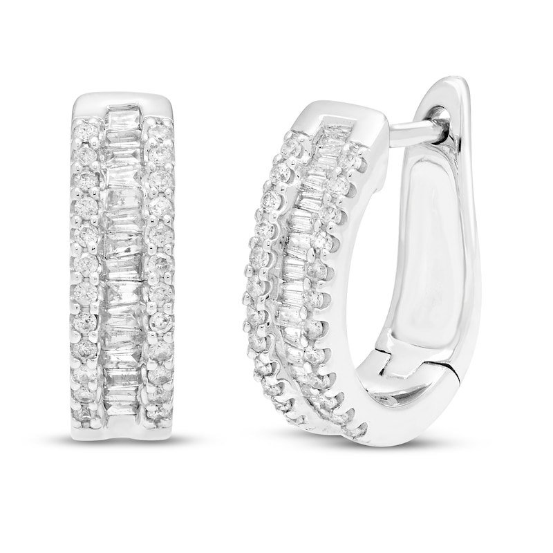 Main Image 1 of Diamond Hoop Earrings 1/4 ct tw Round/Baguette 10K White Gold