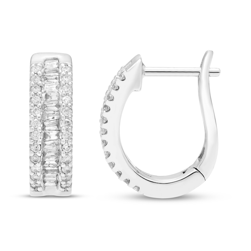 Main Image 2 of Diamond Hoop Earrings 1/4 ct tw Round/Baguette 10K White Gold