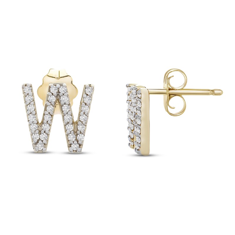 Diamond Letter W Earrings 1/10 ct tw Round 10K Yellow Gold
