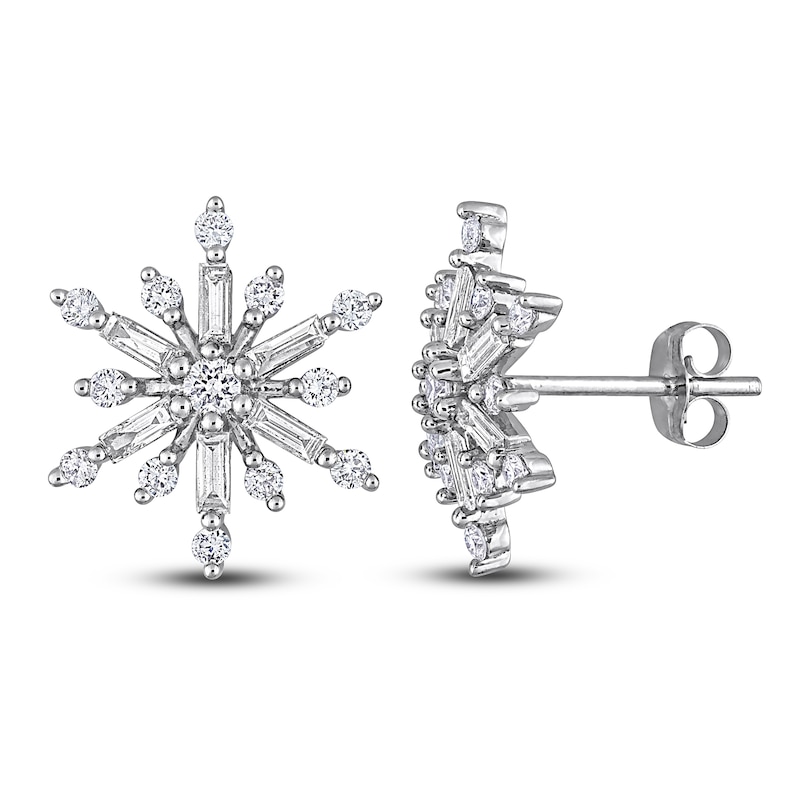 Diamond Snowflake Stud Earrings 1 ct tw Round 14K White Gold