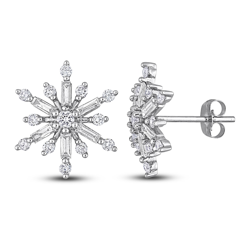 Main Image 1 of Diamond Snowflake Stud Earrings 1 ct tw Round 14K White Gold