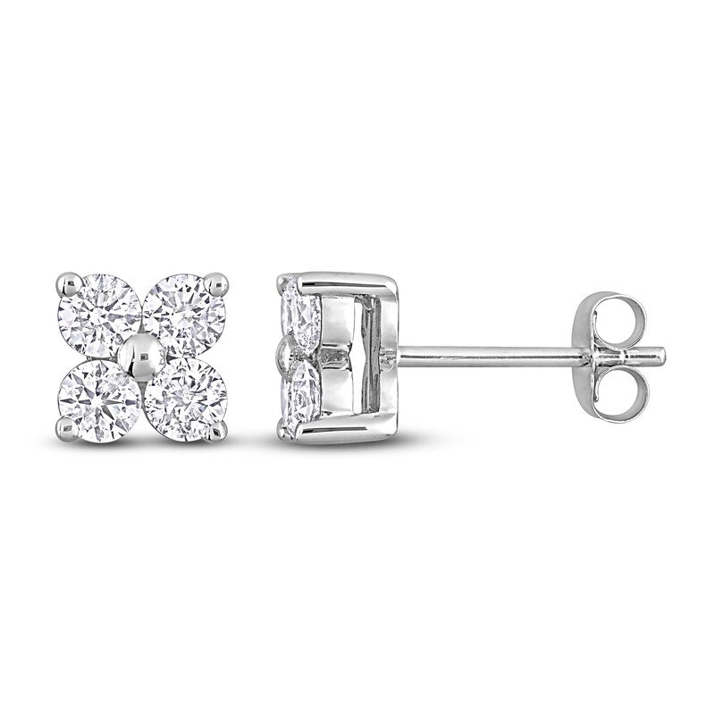 Diamond Flower Stud Earrings 1 ct tw Round 14K White Gold