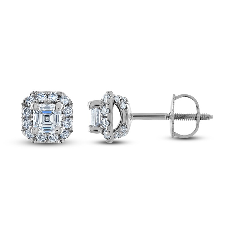 Royal Asscher Diamond Halo Earrings 3/4 ct tw Square 14K White Gold