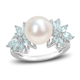 Cultured Freshwater Pearl & Natural Aquamarine Ring 1/8 ct tw Diamonds 14K White Gold