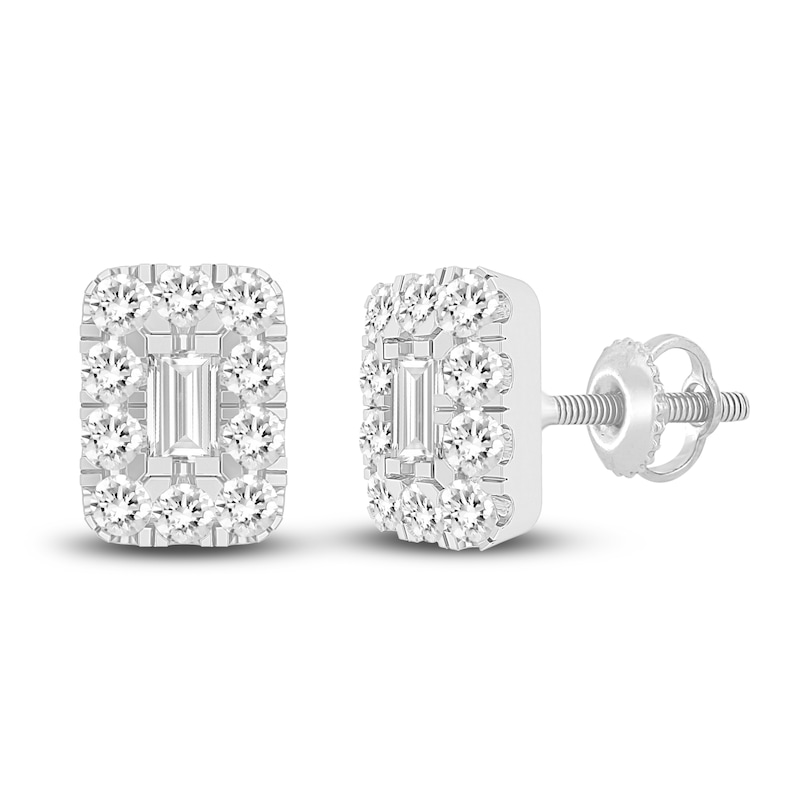 Diamond Halo Stud Earrings 1/2 ct tw Emerald/Round 10K White Gold