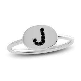 Juliette Maison Black Diamond Initial Oval Signet Ring 1/6 ct tw Round 10K White Gold