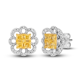 Le Vian Sunny Yellow Diamond Stud Earrings 1-1/3 ct tw Cushion/Round 14K White Gold