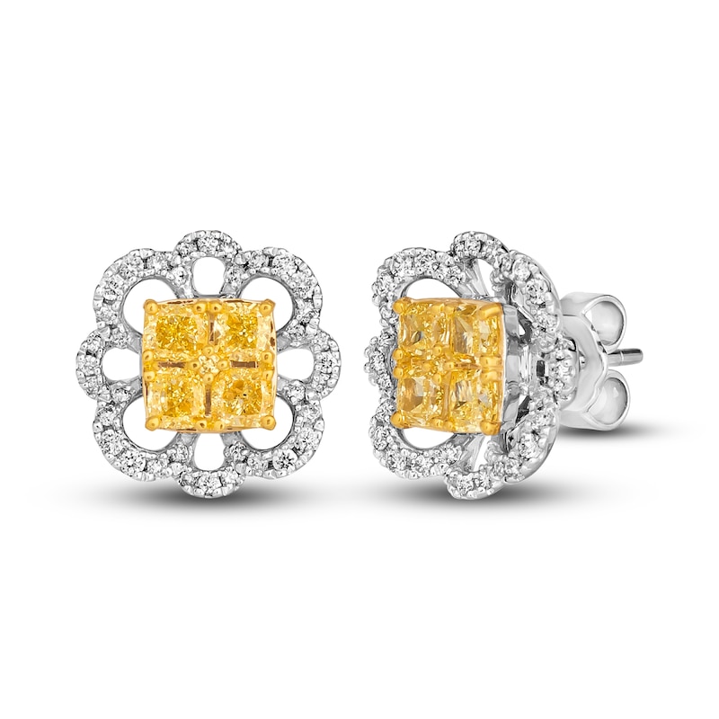 Le Vian Sunny Yellow Diamond Stud Earrings 1-1/3 ct tw Cushion/Round 14K Two-Tone Gold