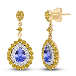 Kallati Pear-Shaped Natural Tanzanite & Natural Yellow Diamond Dangle Earrings 1-3/8 ct tw Round 14K Yellow Gold