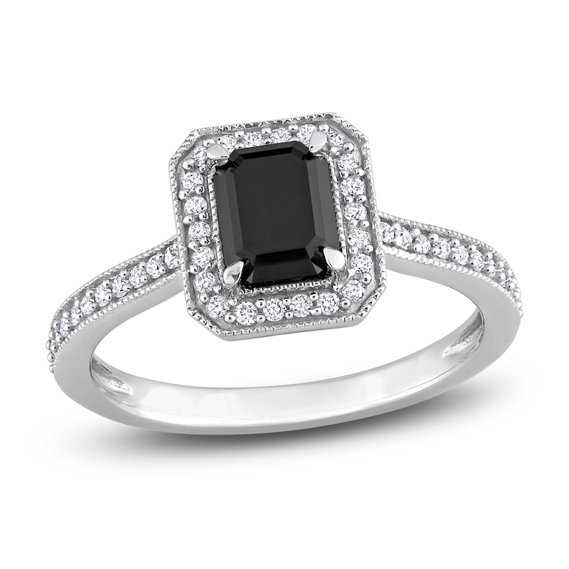 Black & White Diamond Engagement Ring 1-1/4 ct tw Emerald/Round 14K White Gold