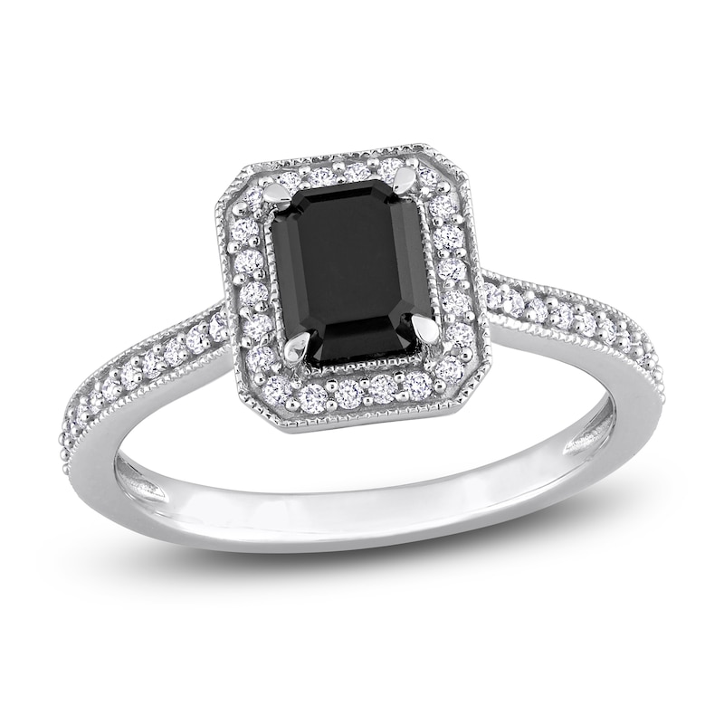 Main Image 1 of Black & White Diamond Engagement Ring 1-1/4 ct tw Emerald/Round 14K White Gold