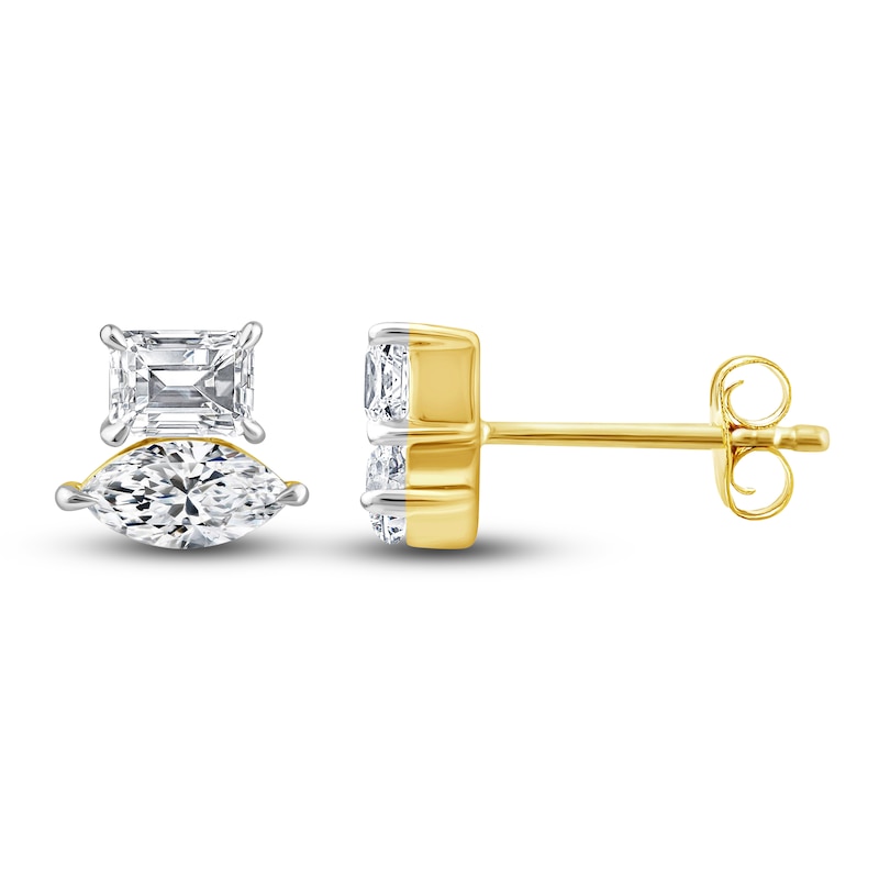 Main Image 3 of Diamond 2-Stone Earrings 1 ct tw Marquise/Emerald 14K Yellow Gold