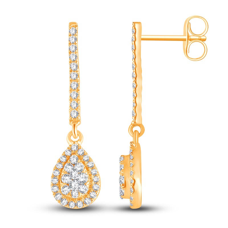 Main Image 1 of Diamond Teardrop Dangle Earrings 1/2 ct tw Round 14K Yellow Gold