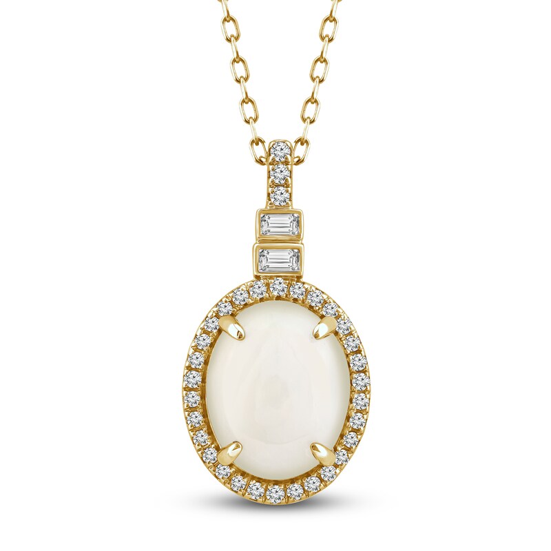 Main Image 1 of Natural Opal Pendant Necklace 1/6 ct tw Diamonds 14K Yellow Gold 18"