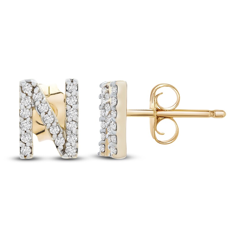 Main Image 3 of Diamond Letter N Earrings 1/10 ct tw Round 14K Yellow Gold