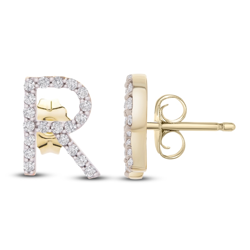 Main Image 3 of Diamond Letter R Earrings 1/10 ct tw Round 14K Yellow Gold