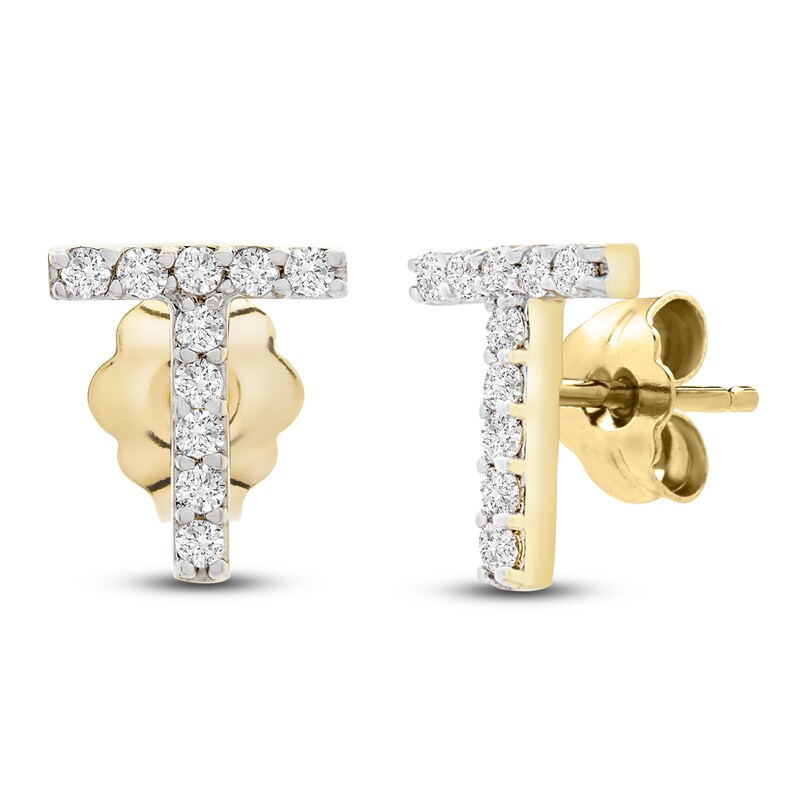 Main Image 2 of Diamond Letter T Earrings 1/10 ct tw Round 14K Yellow Gold