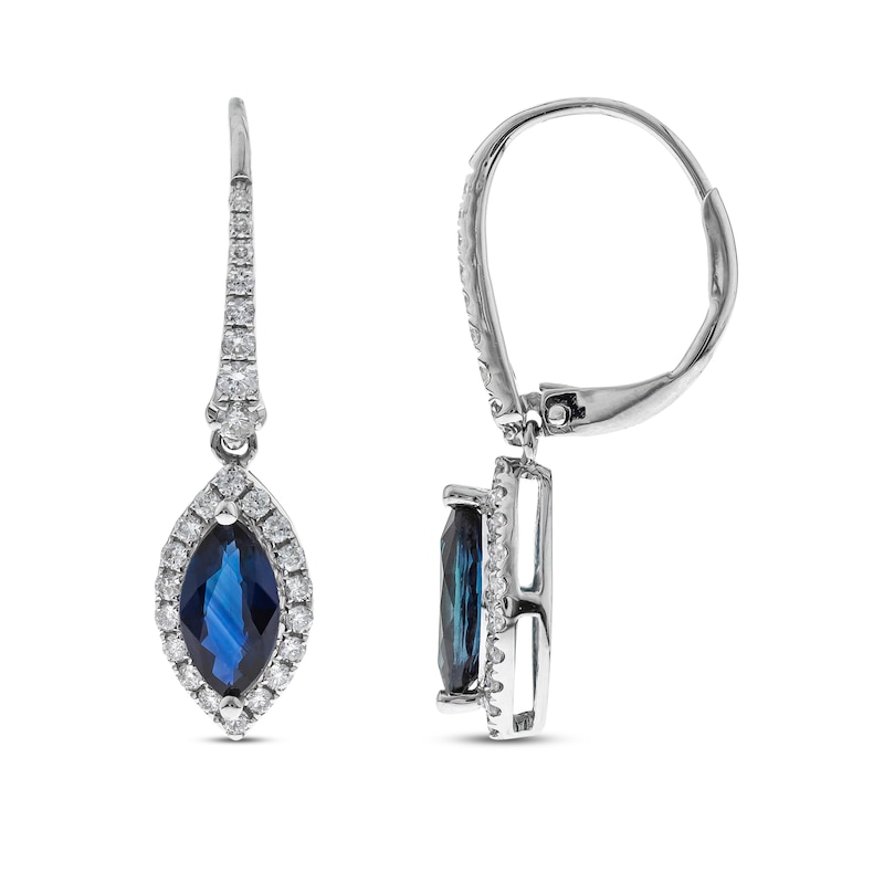Main Image 1 of Natural Blue Sapphire Dangle Earrings 1/3 ct tw Diamonds 14K White Gold