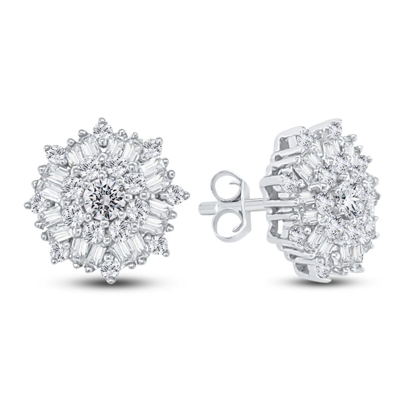 Diamond Floral Stud Earrings 1/2 ct tw Baguette/Round 14K White Gold ...