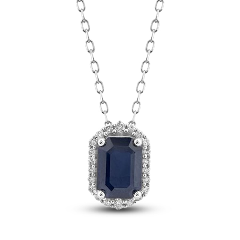 Main Image 1 of Natural Blue Sapphire Pendant Necklace 1/10 ct tw Diamonds 14K White Gold 18"