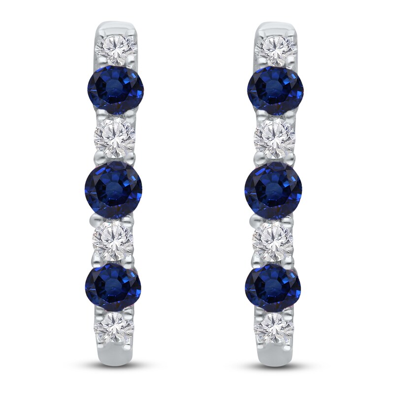 Main Image 1 of Kallati Round-Cut Natural Blue Sapphire & Diamond Hoop Earrings 1/6 ct tw 14K White Gold