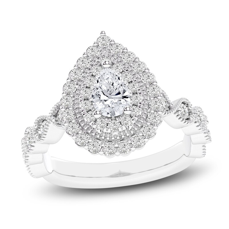 Main Image 1 of Brilliant Moments Pear-Shaped Scalloped Halo Engagement Ring 1 ct tw 14K White Gold
