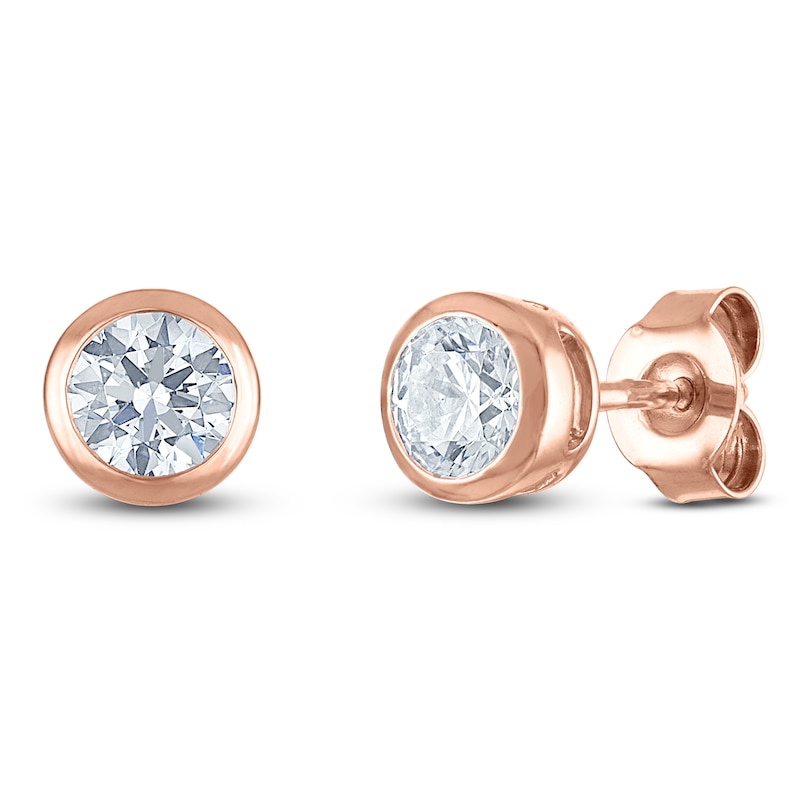Main Image 2 of Certified Round-Cut Diamond Bezel-Set Solitaire Stud Earrings 3/4 ct tw 14K Rose Gold (I1/I)
