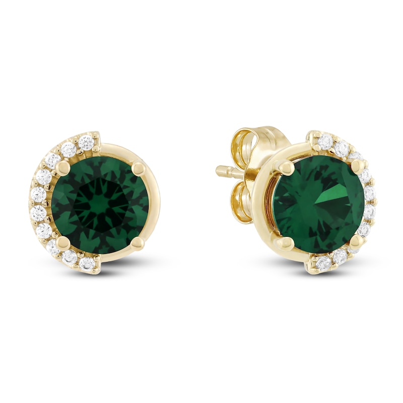 Main Image 2 of Lab-Created Emerald & Diamond Stud Earrings 1/10 ct tw 10K Yellow Gold