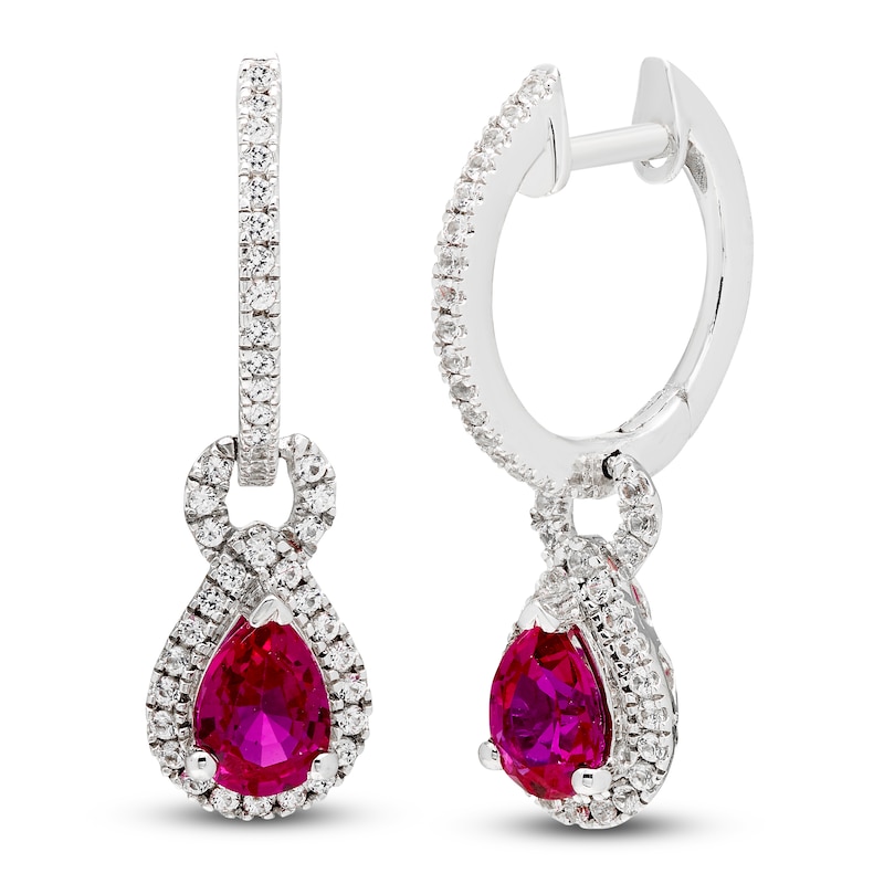 Main Image 2 of Pear-Shaped Lab-Created Ruby & White Lab-Created Sapphire Doorknocker Hoop Earrings Sterling Silver