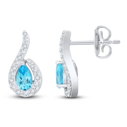 Pear-Shaped Natural Swiss Blue Topaz & Diamond Halo Earrings 1/5 ct tw 10K White Gold