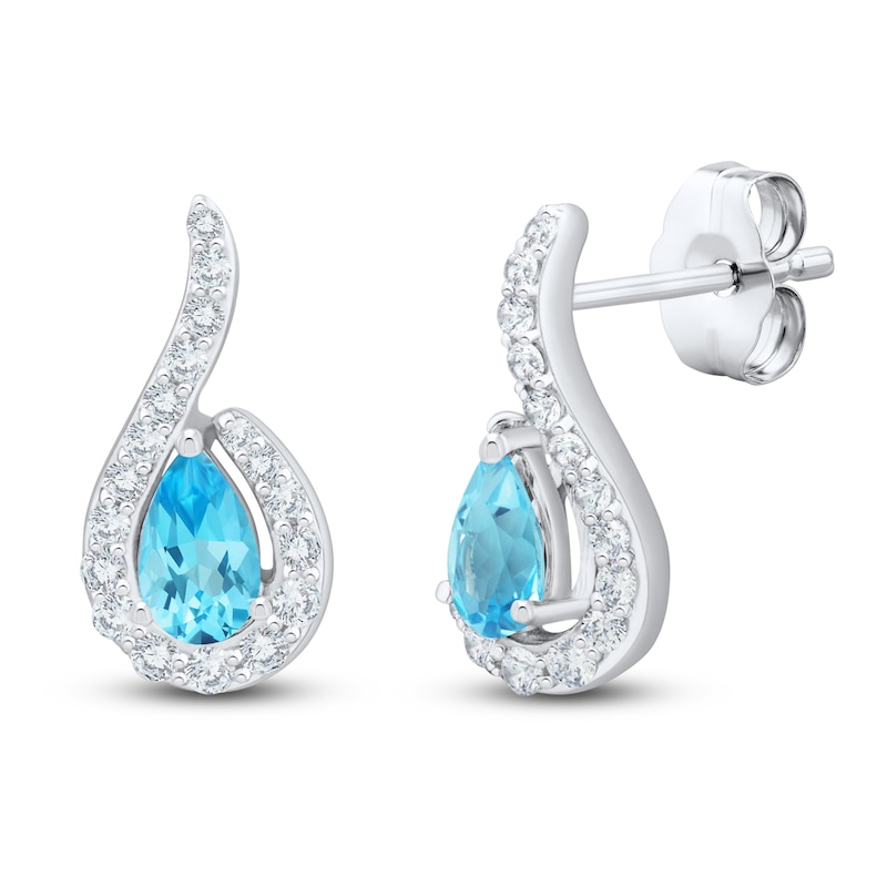 Main Image 2 of Pear-Shaped Natural Swiss Blue Topaz & Diamond Halo Earrings 1/5 ct tw 10K White Gold