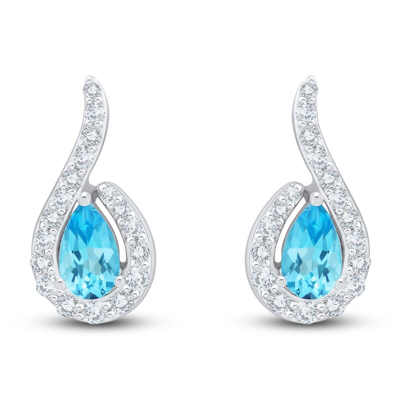 Main Image 3 of Pear-Shaped Natural Swiss Blue Topaz & Diamond Halo Earrings 1/5 ct tw 10K White Gold