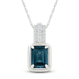 Rectangle-Cut Natural London Blue Topaz & Diamond Necklace 1/8 ct tw 10K White Gold 18&quot;