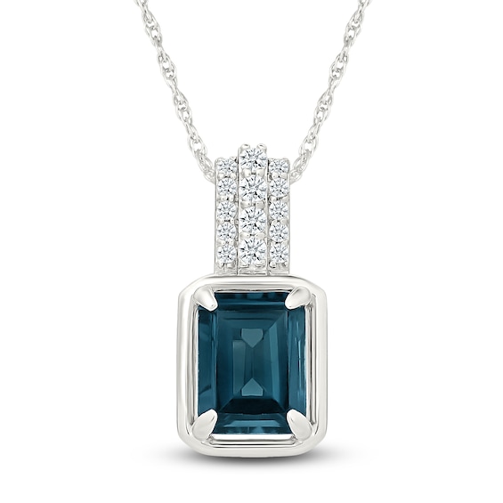 Rectangle-Cut Natural London Blue Topaz & Diamond Necklace 1/8 ct tw 10K White Gold 18"