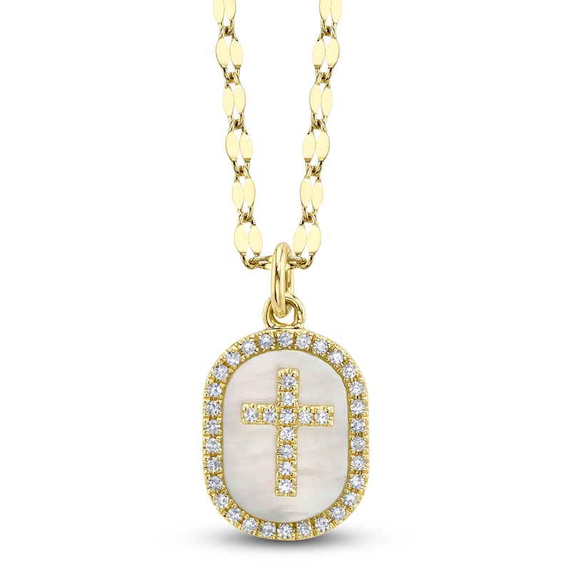 Main Image 1 of Shy Creation Diamond & Mother-of-Pearl Cross Necklace 1/10 ct tw 14K Yellow Gold 18" SC55028759