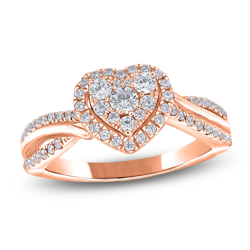 Main Image 1 of Multi-Diamond Heart Halo Promise Ring 1/2 ct tw 10K Rose Gold